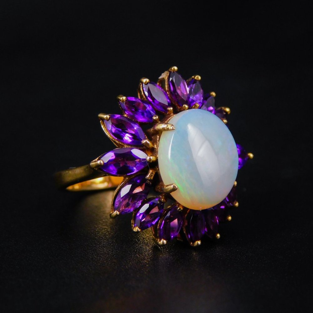 Darling Vintage Flower Ring Amethyst and Large Opal.14K Gold. Very collectible🌸 - Picture 3 of 11